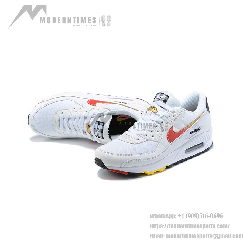 Nike Air Max 90 DJ5530-100 White Sneakers with Red Swoosh and Gold Accents