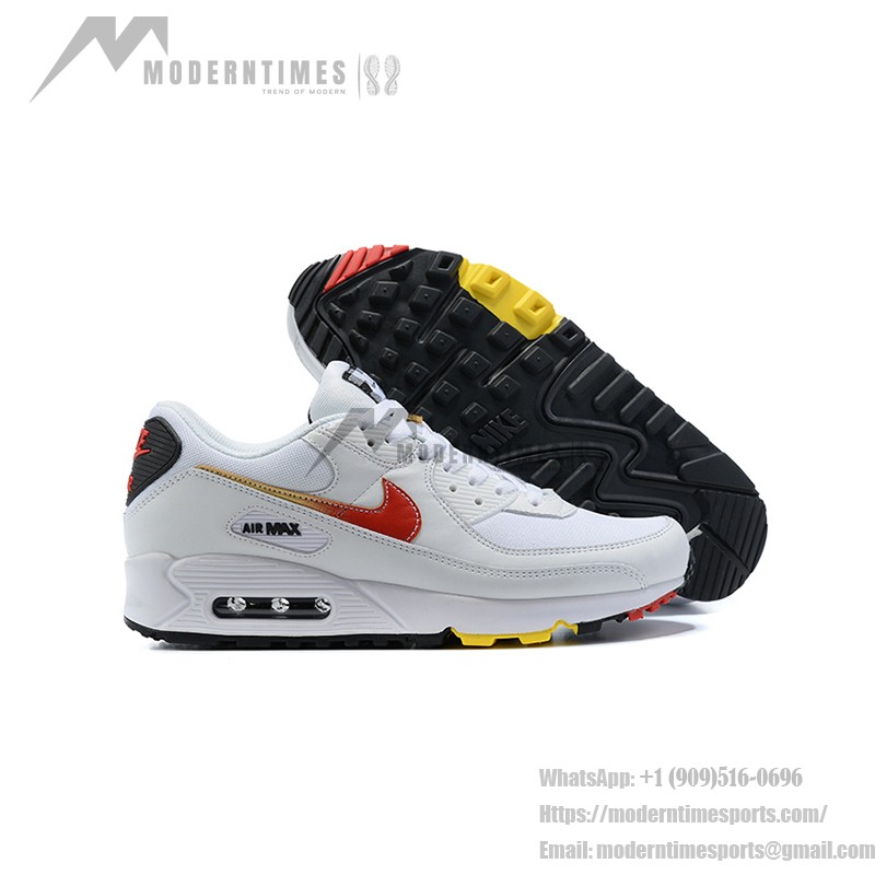 Nike Air Max 90 DJ5530-100 White Sneakers with Red Swoosh and Gold Accents