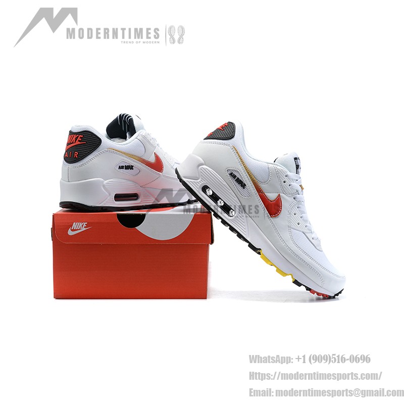 Nike Air Max 90 DJ5530-100 White Sneakers with Red Swoosh and Gold Accents