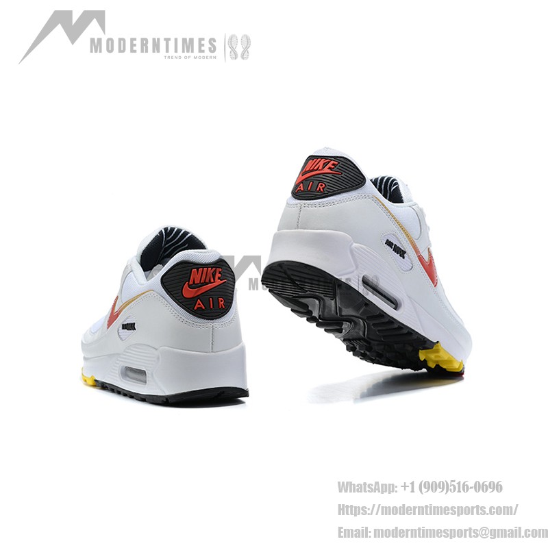 Nike Air Max 90 DJ5530-100 White Sneakers with Red Swoosh and Gold Accents