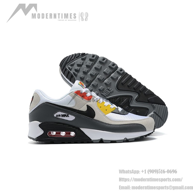 Nike Air Max 90 DM8151-100 - White, Grey & Black Sneakers with Red & Yellow Accents