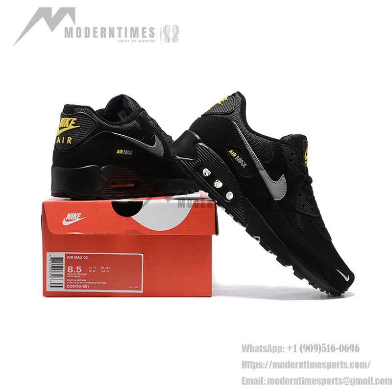 Nike Air Max 90 DO6706-001 - 그레이 스우시와 옐로우 포인트가 특징인 블랙 스니커즈