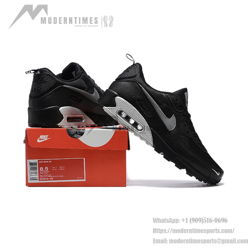 Nike Air Max 90 DX8969-001 - Black Sneakers with Grey Swoosh & Metallic Silver Midsole