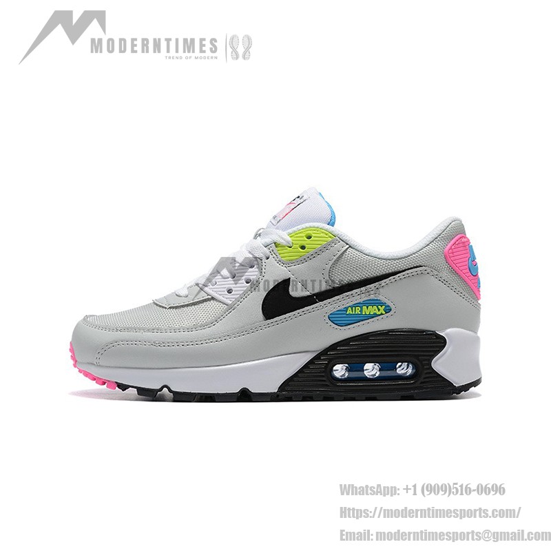 Nike Air Max 90 DZ4398-001 - Grey Sneakers with Neon Pink, Yellow & Blue Accents