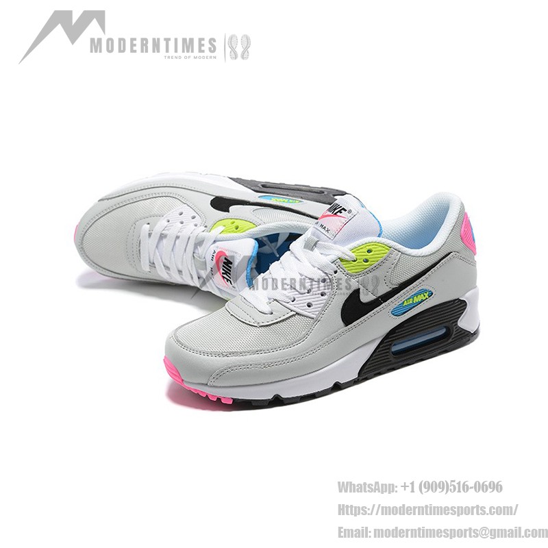 Nike Air Max 90 DZ4398-001 - Grey Sneakers with Neon Pink, Yellow & Blue Accents