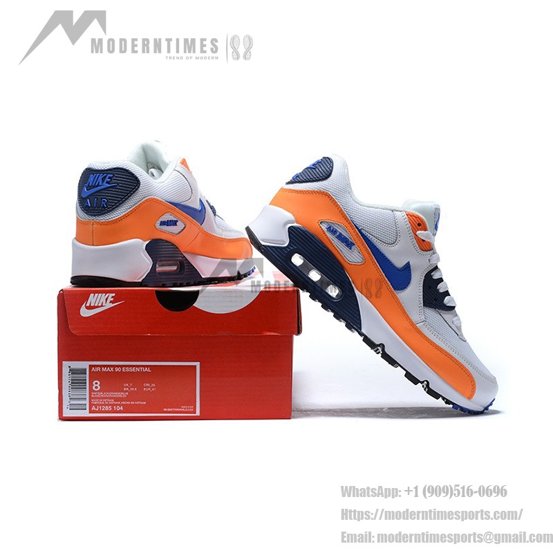 Nike Air Max 90 Essential 'Total Orange/Blue' AJ1285-104 - White Sneakers with Orange Overlays and Blue Swoosh