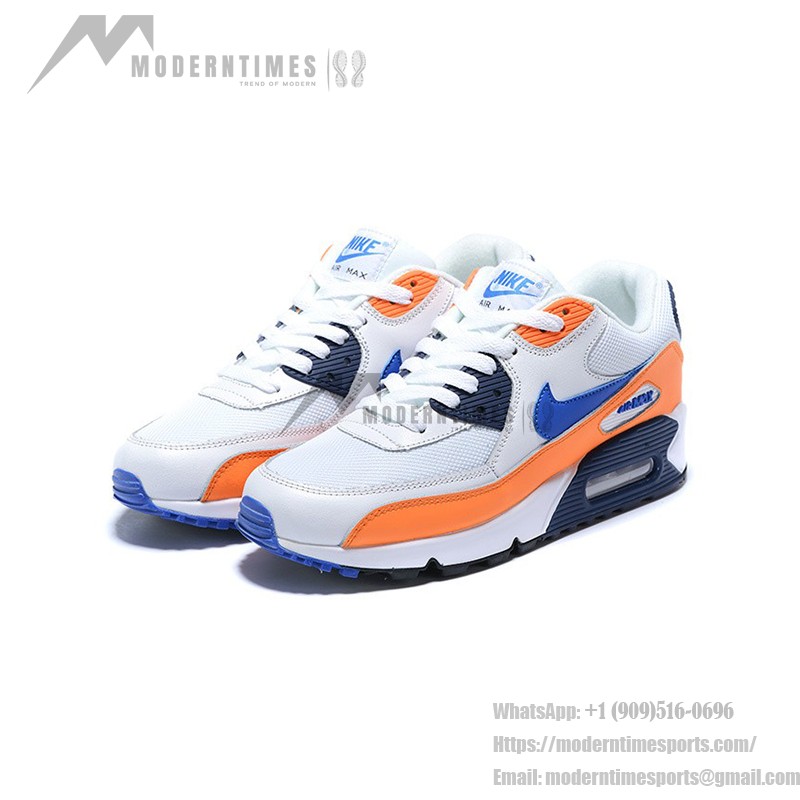 Nike Air Max 90 Essential 'Total Orange/Blue' AJ1285-104 - White Sneakers with Orange Overlays and Blue Swoosh