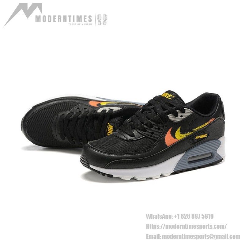Nike Air Max 90 FJ4229-001 - Black Sneakers with Gradient Orange and Yellow Swoosh