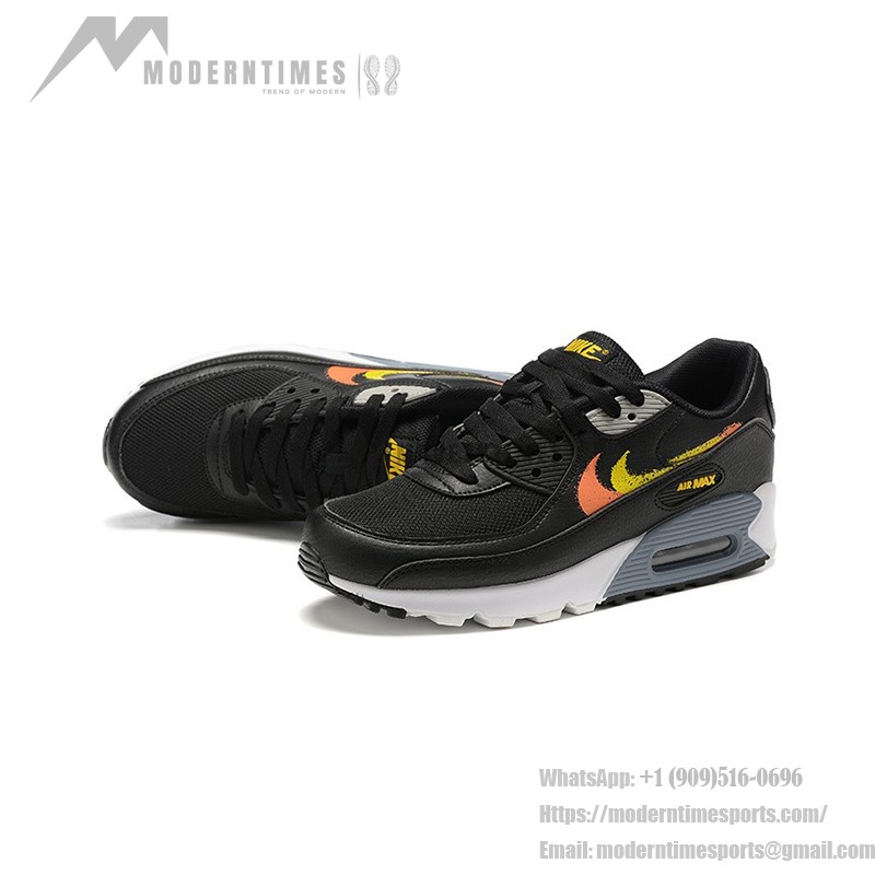 Nike Air Max 90 FJ4229-001 - Black Sneakers with Gradient Orange and Yellow Swoosh