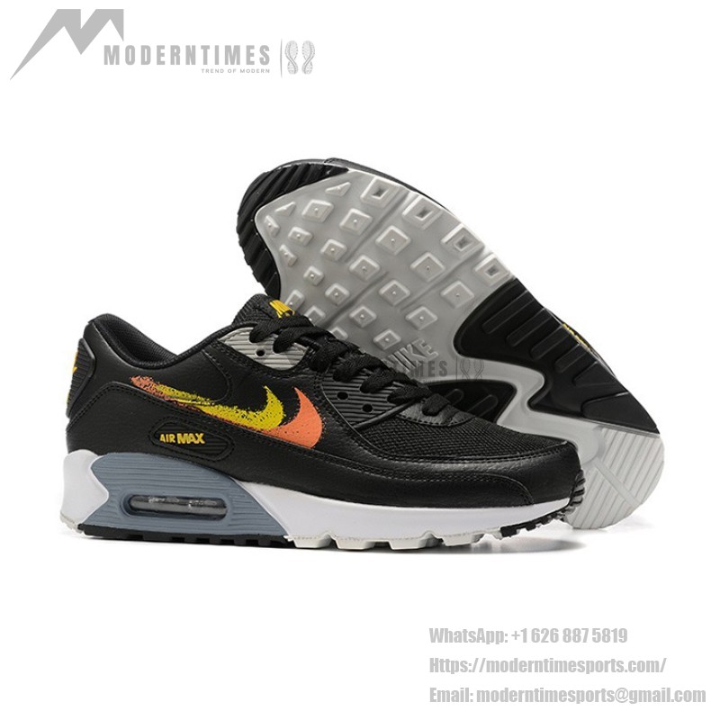 Nike Air Max 90 FJ4229-001 - Black Sneakers with Gradient Orange and Yellow Swoosh
