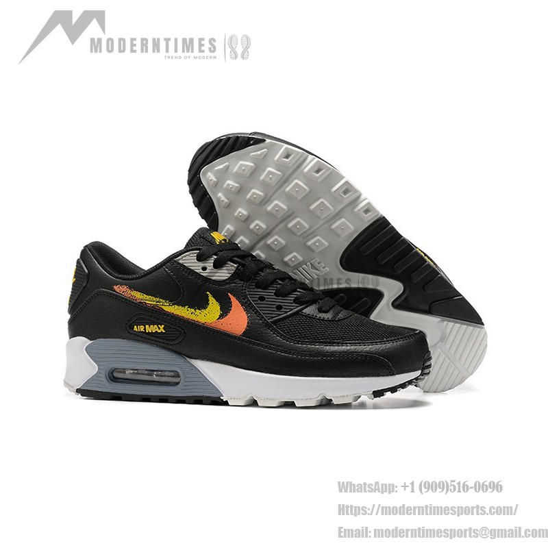 Nike Air Max 90 FJ4229-001 - Black Sneakers with Gradient Orange and Yellow Swoosh