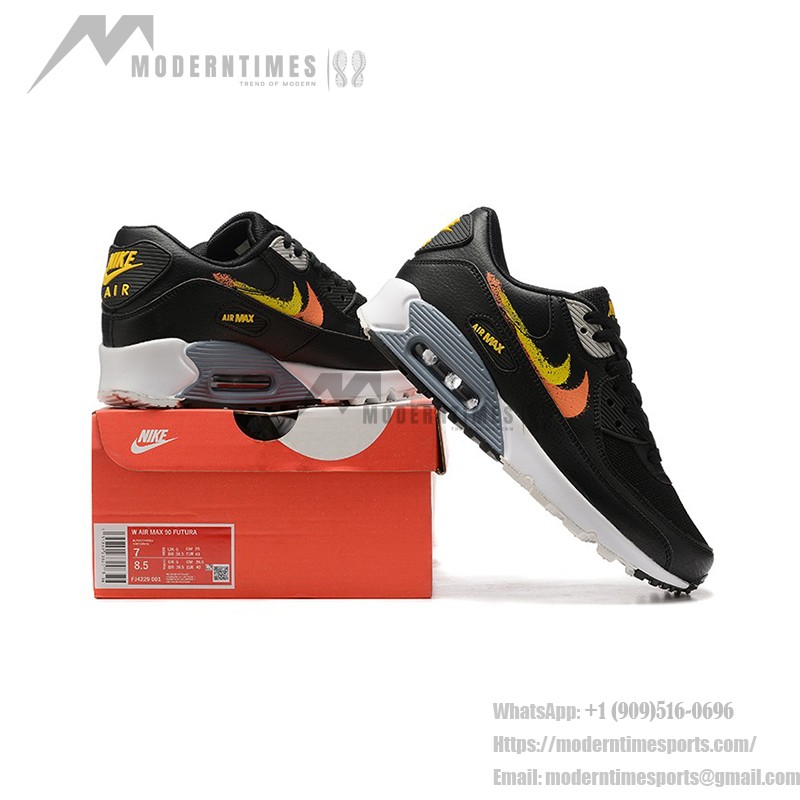 Nike Air Max 90 FJ4229-001 - Black Sneakers with Gradient Orange and Yellow Swoosh