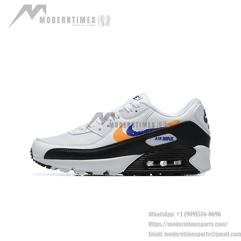 Nike Air Max 90 FJ4592-100 Weiße Sneaker mit Orangefarbenem & Blauem Grafik-Swoosh