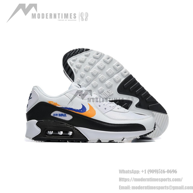 Nike Air Max 90 FJ4592-100 Weiße Sneaker mit Orangefarbenem & Blauem Grafik-Swoosh