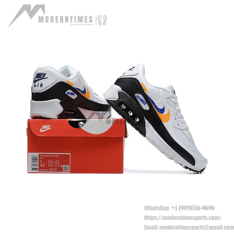 Nike Air Max 90 FJ4592-100 Weiße Sneaker mit Orangefarbenem & Blauem Grafik-Swoosh