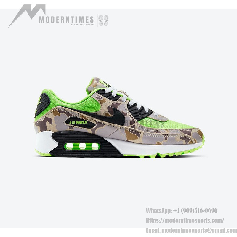 Nike Air Max 90 'Green Camo' CW4039-300、グリーンメッシュとカモフラージュオーバーレイ付き