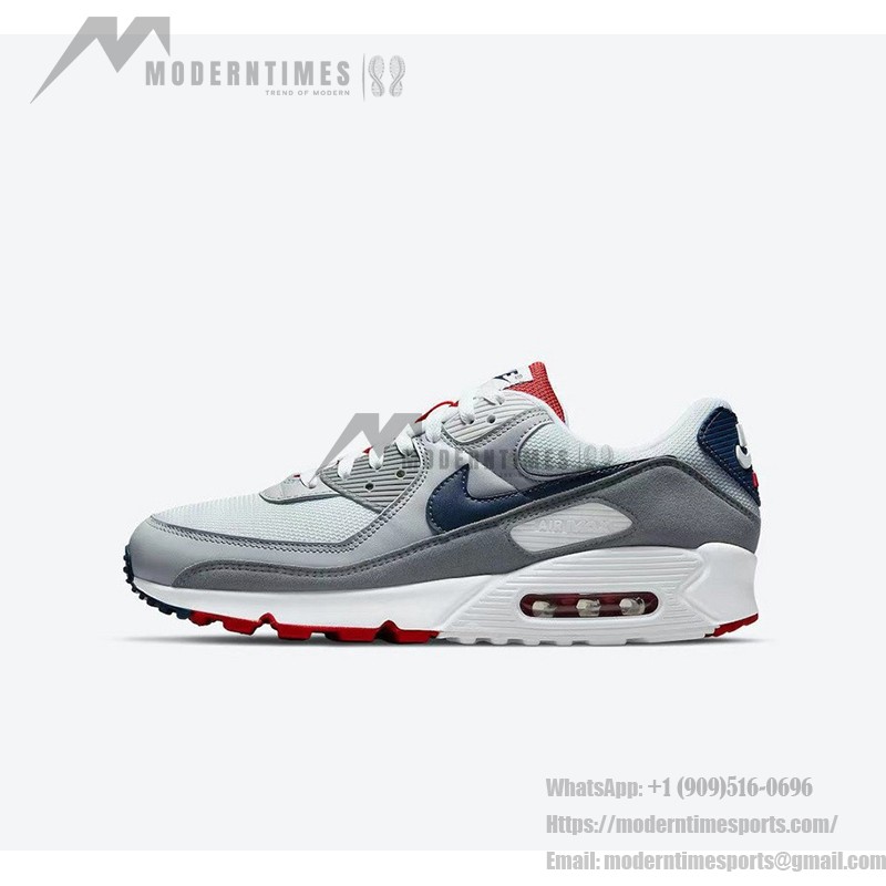 Nike Air Max 90 'USA Grey/Red/Blue' DZ1846-001 with grey upper, red accents, and navy blue Swoosh