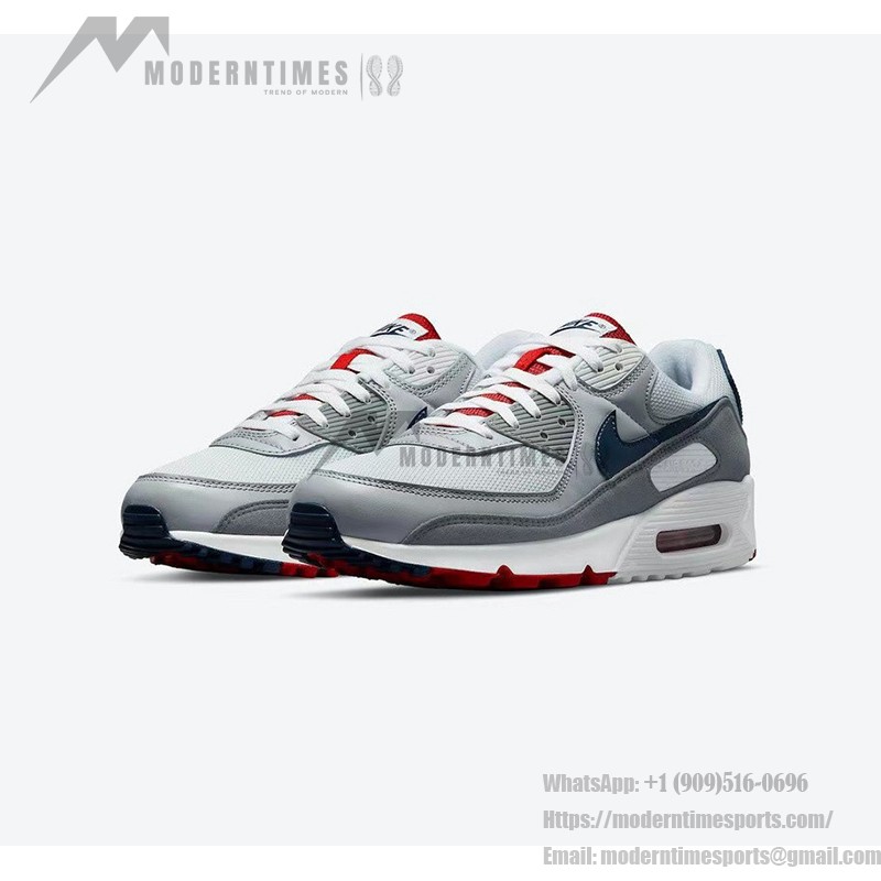 Nike Air Max 90 'USA Grey/Red/Blue' DZ1846-001 with grey upper, red accents, and navy blue Swoosh