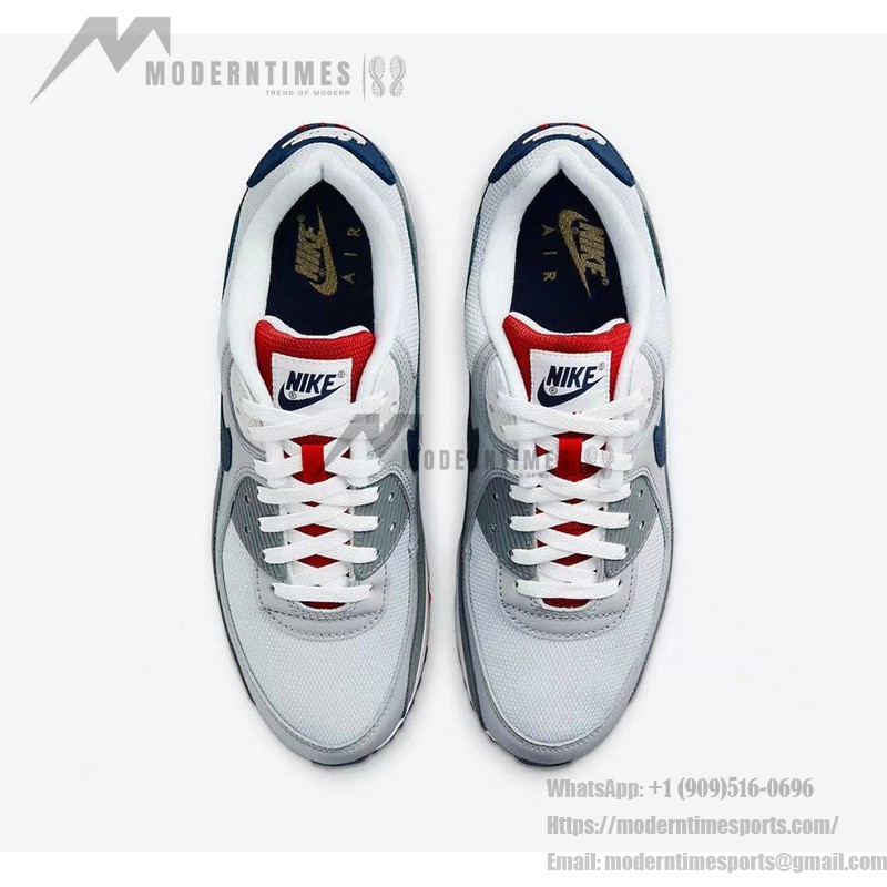 Nike Air Max 90 'USA Grey/Red/Blue' DZ1846-001 with grey upper, red accents, and navy blue Swoosh