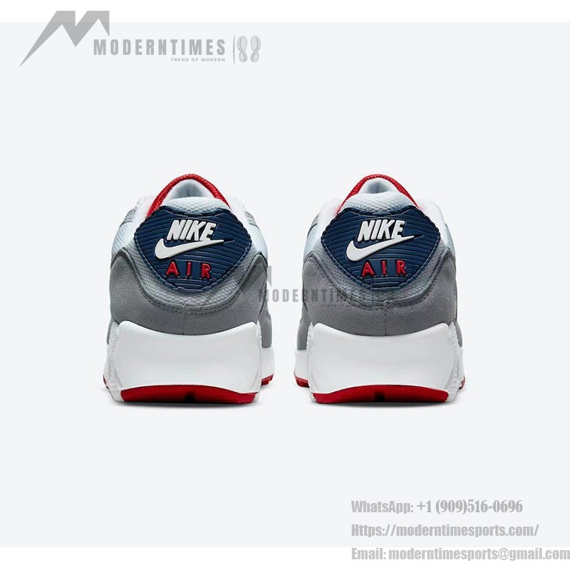 Nike Air Max 90 'USA Grey/Red/Blue' DZ1846-001 with grey upper, red accents, and navy blue Swoosh