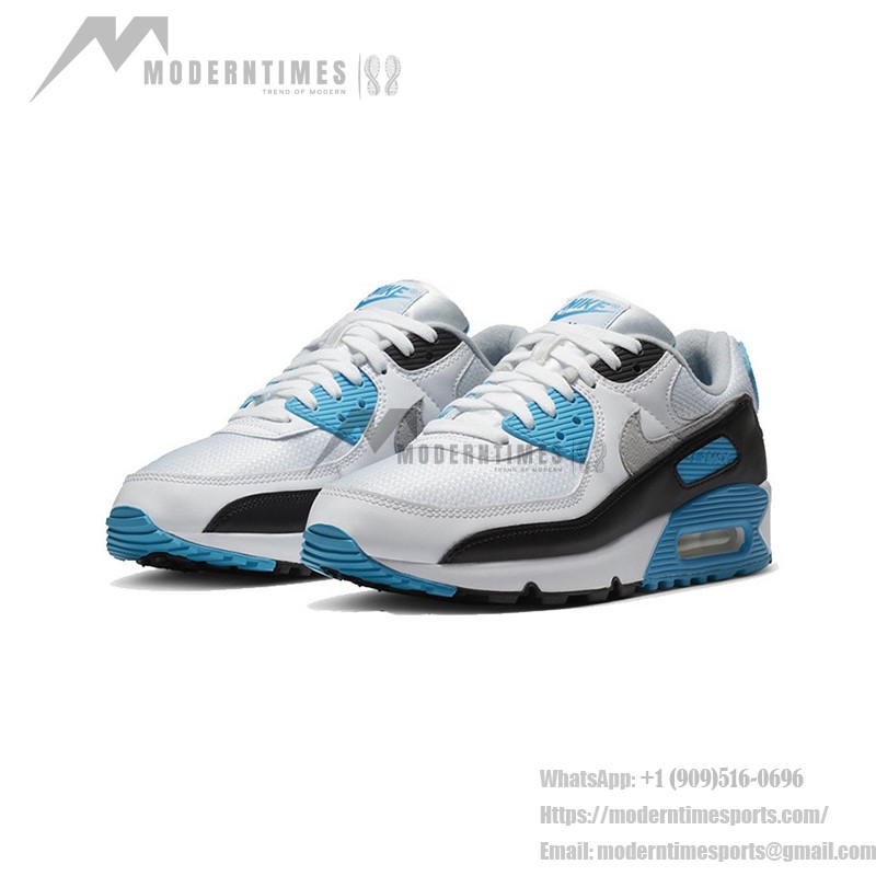 Nike Air Max 90 'Laserblau' CJ6779-100 - Weiße Sneakers mit schwarzen Overlays und blauen Akzenten