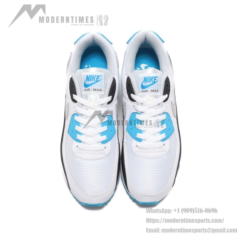 Nike Air Max 90 'Laserblau' CJ6779-100 - Weiße Sneakers mit schwarzen Overlays und blauen Akzenten