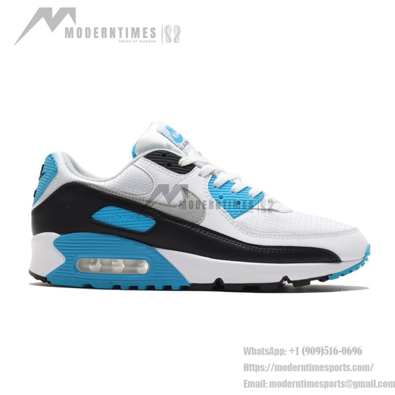 Nike Air Max 90 'Laserblau' CJ6779-100 - Weiße Sneakers mit schwarzen Overlays und blauen Akzenten