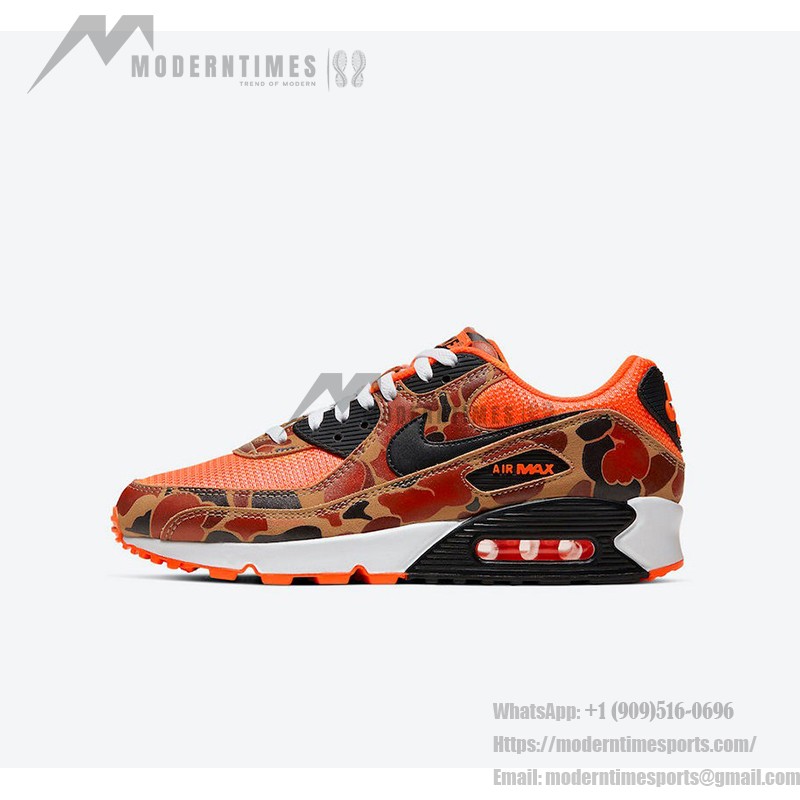 생동감 넘치는 오렌지 톤과 카모플라주 프린트가 특징인 Nike Air Max 90 'Orange Camo' CW4039-800