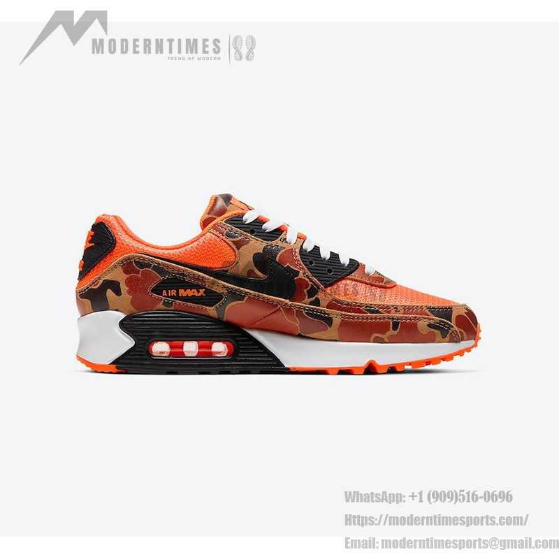 鮮やかなオレンジとカモフラージュ柄を特徴とするNike Air Max 90 'Orange Camo' CW4039-800