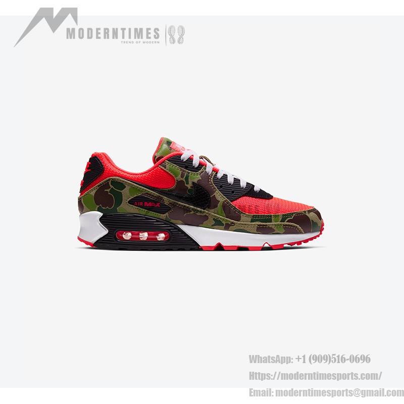 インフラレッドのアクセントとカモフラージュ柄を特徴とするNike Air Max 90 'Reverse Duck Camo' CW6024-600