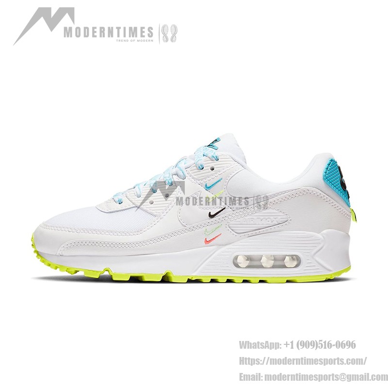 Nike Air Max 90 SE 'Worldwide Pack' CK7069-100 in white with colorful Swooshes and neon green accents