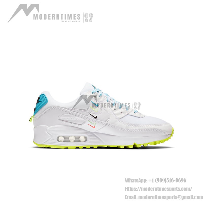 Nike Air Max 90 SE 'Worldwide Pack' CK7069-100 in white with colorful Swooshes and neon green accents