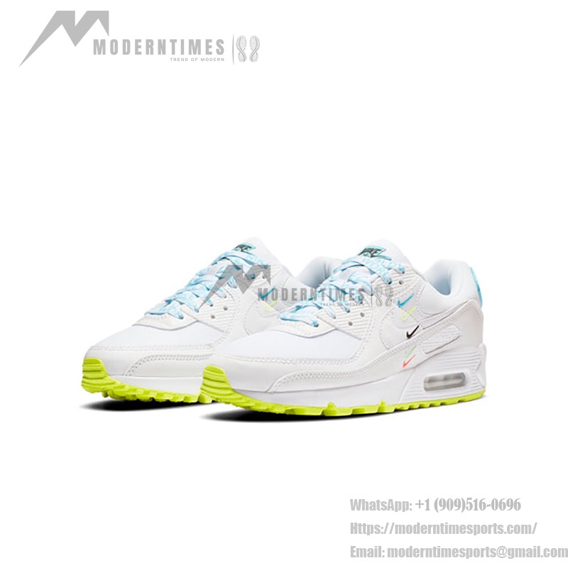 Nike Air Max 90 SE 'Worldwide Pack' CK7069-100 in white with colorful Swooshes and neon green accents