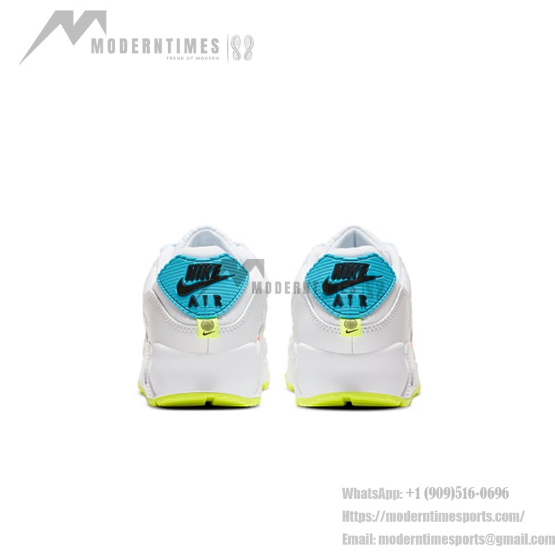 Nike Air Max 90 SE 'Worldwide Pack' CK7069-100 in white with colorful Swooshes and neon green accents