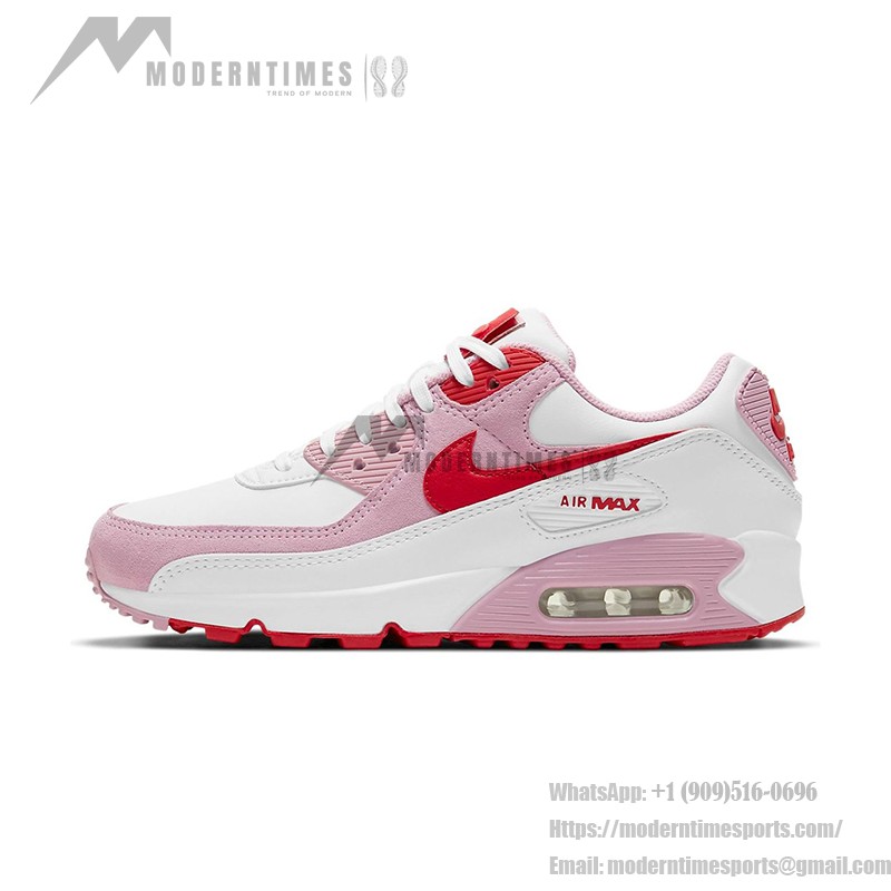 White Nike Air Max 90 Valentine's Day sneakers with pink overlays and red swoosh.