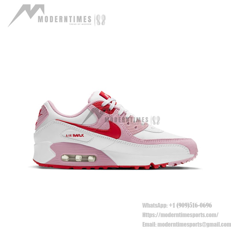 White Nike Air Max 90 Valentine's Day sneakers with pink overlays and red swoosh.