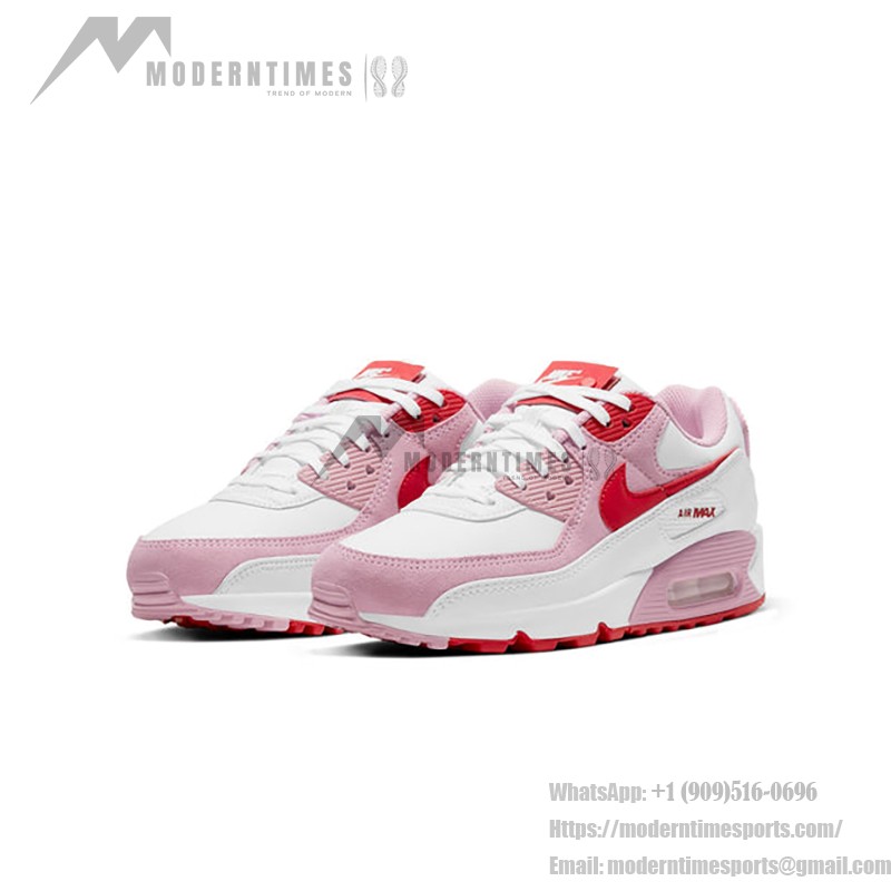 White Nike Air Max 90 Valentine's Day sneakers with pink overlays and red swoosh.