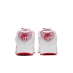 White Nike Air Max 90 Valentine's Day sneakers with pink overlays and red swoosh.