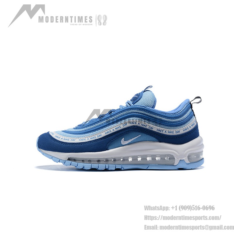 Nike Air Max 97 "Have a Nike Day" BQ9130-400, vibrant blue sneakers with iconic slogan design