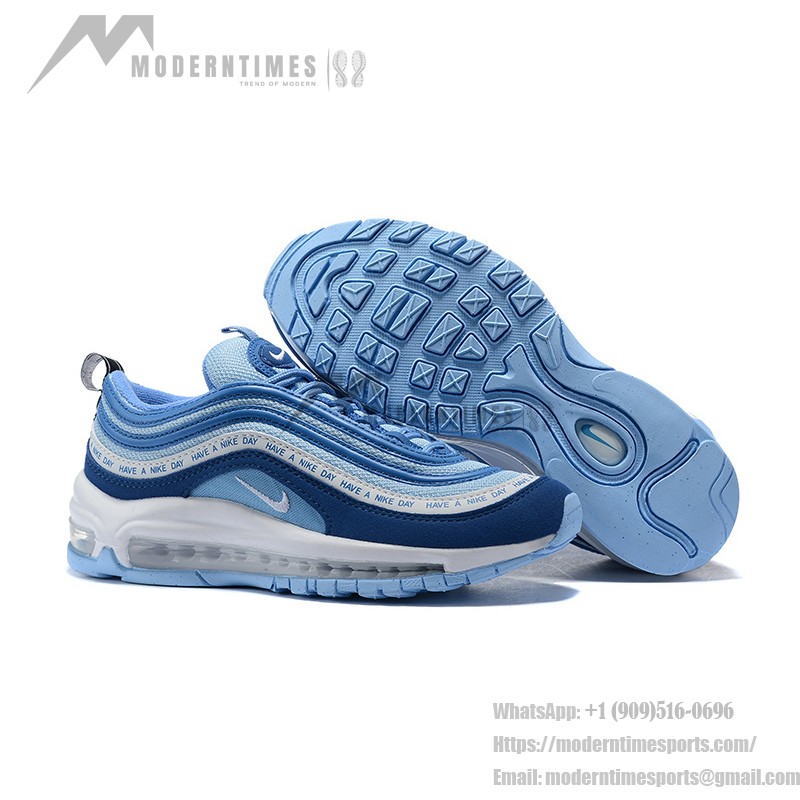 Nike Air Max 97 "Have a Nike Day" BQ9130-400, 아이코닉한 슬로건이 있는 생동감 넘치는 블루 스니커즈