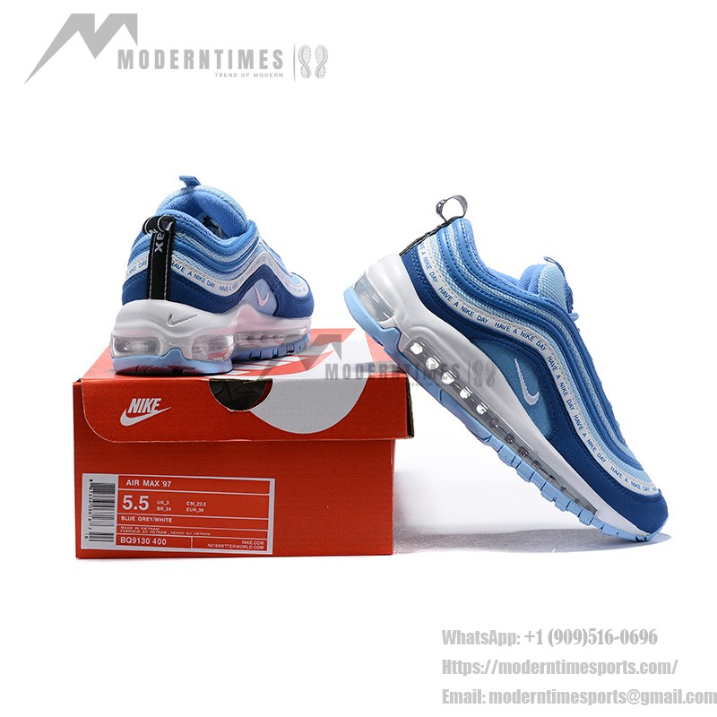 Nike Air Max 97 "Have a Nike Day" BQ9130-400, vibrant blue sneakers with iconic slogan design