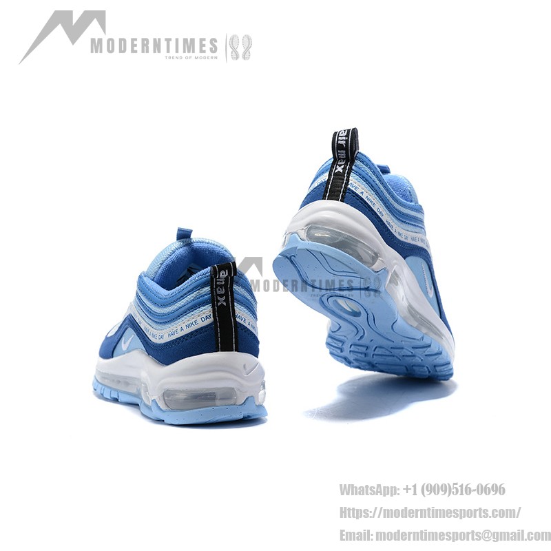 Nike Air Max 97 "Have a Nike Day" BQ9130-400, vibrant blue sneakers with iconic slogan design