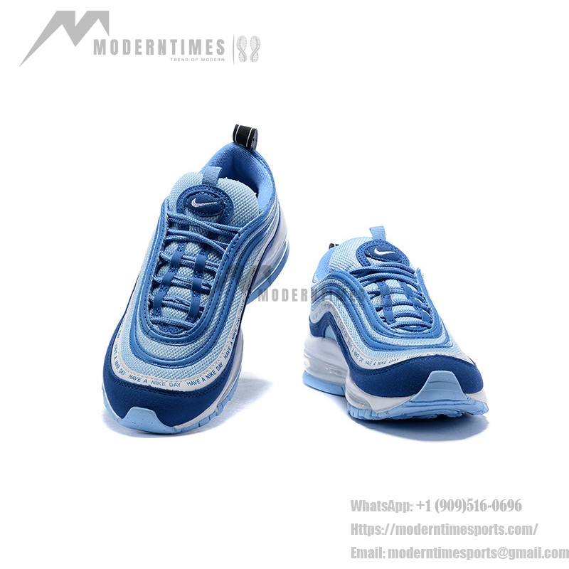 Nike Air Max 97 "Have a Nike Day" BQ9130-400, vibrant blue sneakers with iconic slogan design