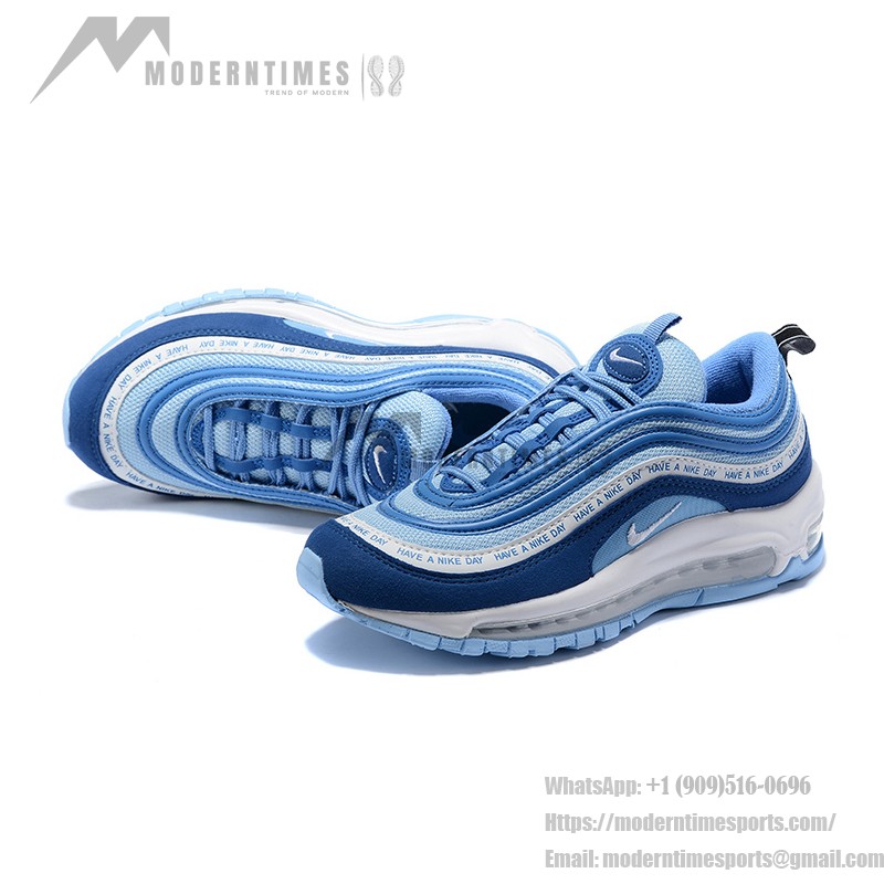 Nike Air Max 97 "Have a Nike Day" BQ9130-400, vibrant blue sneakers with iconic slogan design