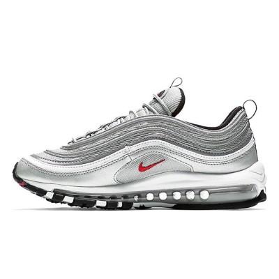 Nike Air Max 97 OG QS Silver Bullet 2017 884421-001 - Iconic Metallic Silver Design with Red Swoosh