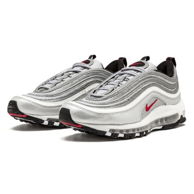 Nike Air Max 97 OG QS Silver Bullet 2017 884421-001 - Iconic Metallic Silver Design with Red Swoosh