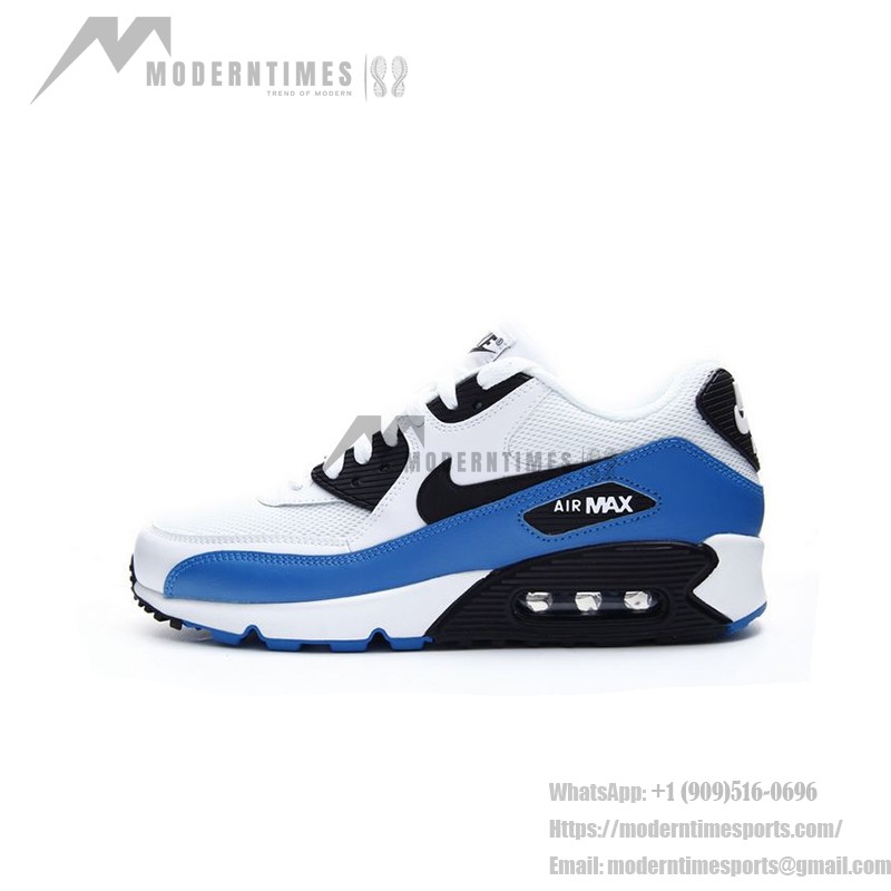 Nike Air Max 90 537384-124 - White and Blue sneakers with black accents, featuring iconic Air Max cushioning.