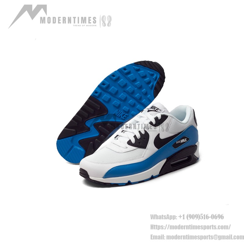 Nike Air Max 90 537384-124 - White and Blue sneakers with black accents, featuring iconic Air Max cushioning.