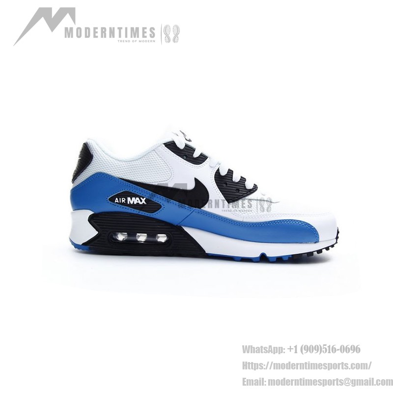 Nike Air Max 90 537384-124 - White and Blue sneakers with black accents, featuring iconic Air Max cushioning.