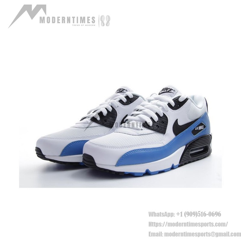 Nike Air Max 90 537384-124 - White and Blue sneakers with black accents, featuring iconic Air Max cushioning.